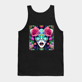 Day of the Dead Inspired Painted Woman Face with Flowers Tank Top